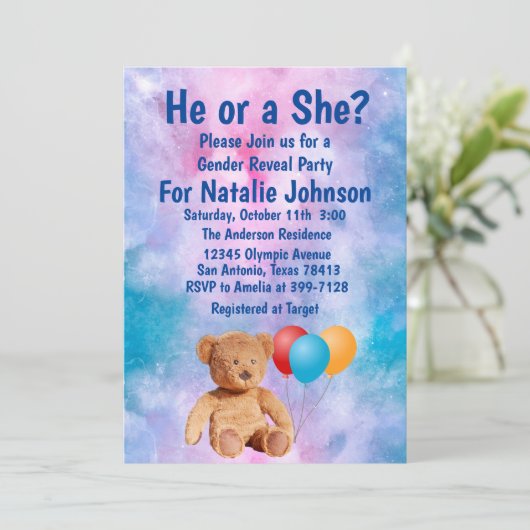 Teddy Bear Geslacht Reveleert Feestje Kaart (Staand voorkant)