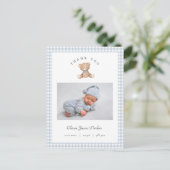 Teddy Bear Gingham Baby Boy Birth Announcement Briefkaart (Staand voorkant)