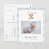 Teddy Bear Gingham Baby Boy Birth Announcement Briefkaart (Voorkant / Achterkant)