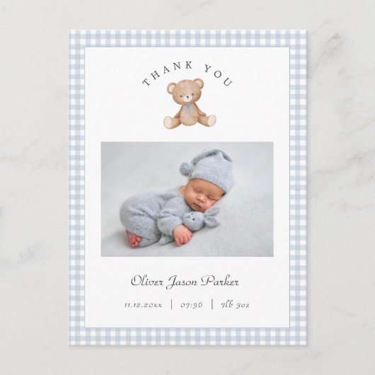 Teddy Bear Gingham Baby Boy Birth Announcement Briefkaart (Voorkant)