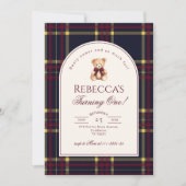 Teddy Bear Girl 1st Birthday Preppy Plaid Birthday Kaart (Voorkant)