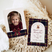 Teddy Bear Girl 1st Birthday Preppy Plaid Birthday Kaart