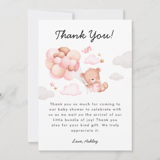 Teddy Bear Girl Baby shower Bedankkaart (Voorkant)