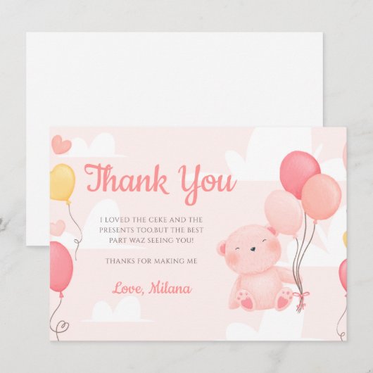 Teddy Bear Girl Baby shower Dank je wel Kaart (Voorkant / Achterkant)