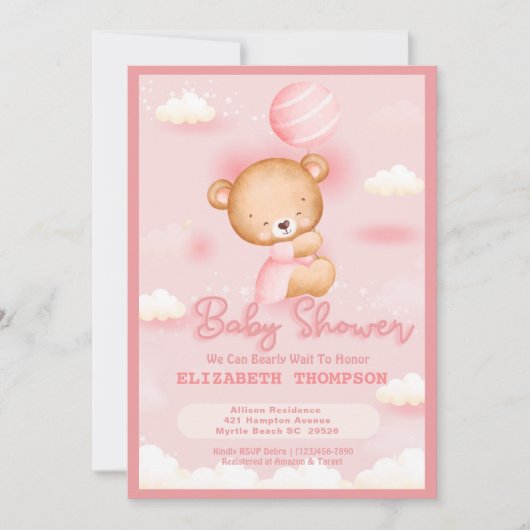 Teddy Bear Girl Baby shower Invitation Kaart (Voorkant)