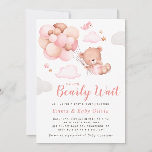 Teddy Bear Girl Baby shower Invitation Kaart (Voorkant)