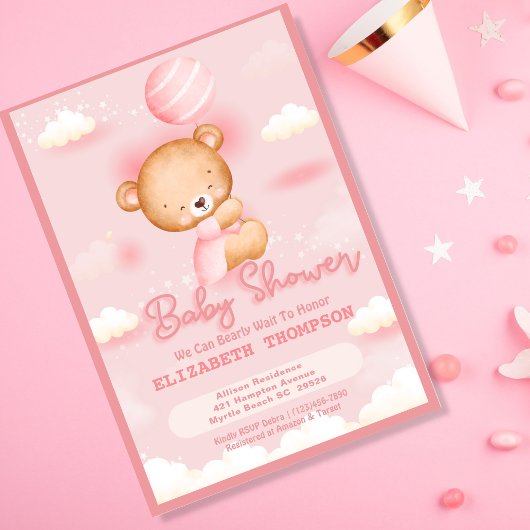 Teddy Bear Girl Baby shower Invitation Kaart