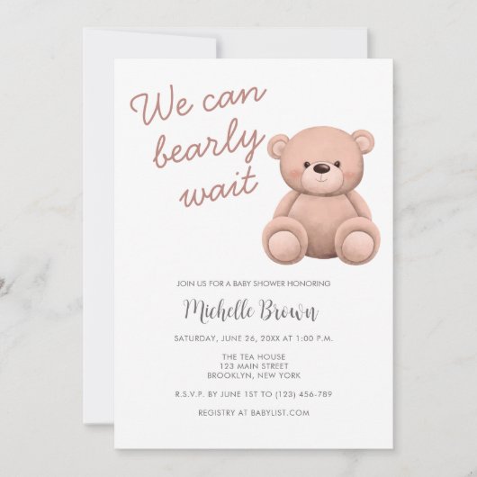 Teddy Bear Girl Baby shower Invitation Kaart (Voorkant)