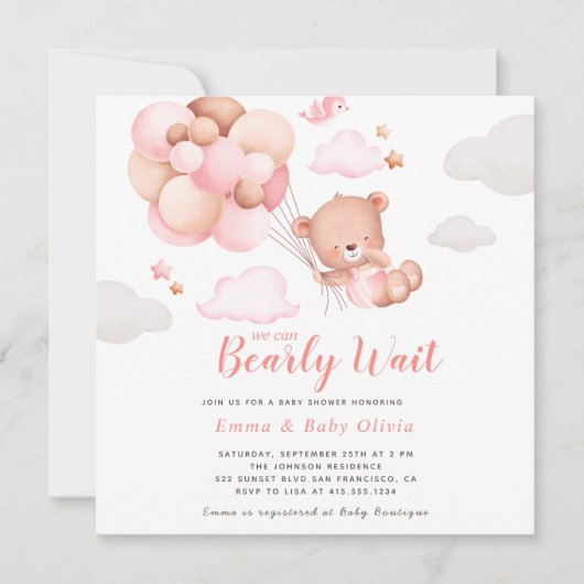 Teddy Bear Girl Baby shower Invitation Kaart (Voorkant)