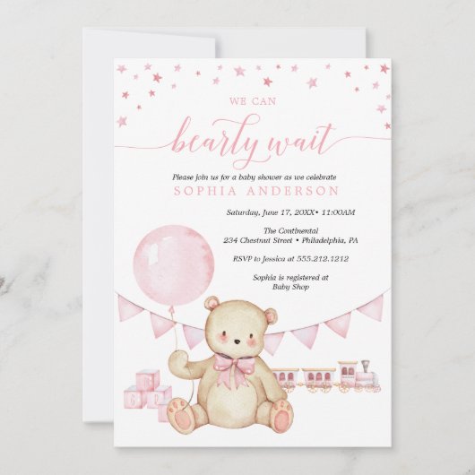 Teddy Bear Girl Baby shower Invitation Kaart (Voorkant)