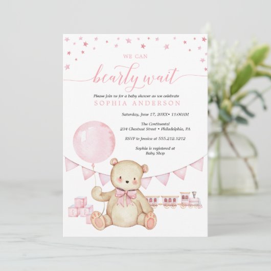 Teddy Bear Girl Baby shower Invitation Kaart (Staand voorkant)