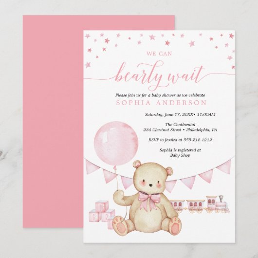 Teddy Bear Girl Baby shower Invitation Kaart (Voorkant / Achterkant)