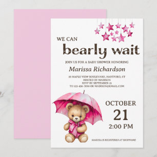 Teddy Bear Girl Baby shower Invitation Kaart