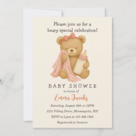 Teddy Bear Girl Baby shower Invitation Kaart
