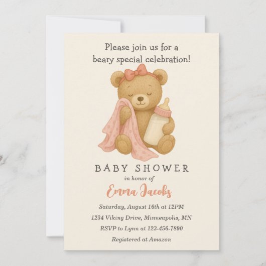 Teddy Bear Girl Baby shower Invitation Kaart (Voorkant)