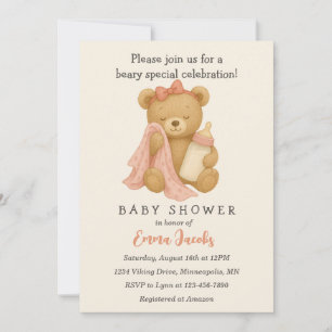 Teddy Bear Girl Baby shower Invitation Kaart