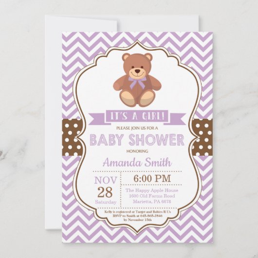 Teddy Bear Girl Baby shower Paarse Chevron Kaart (Voorkant)