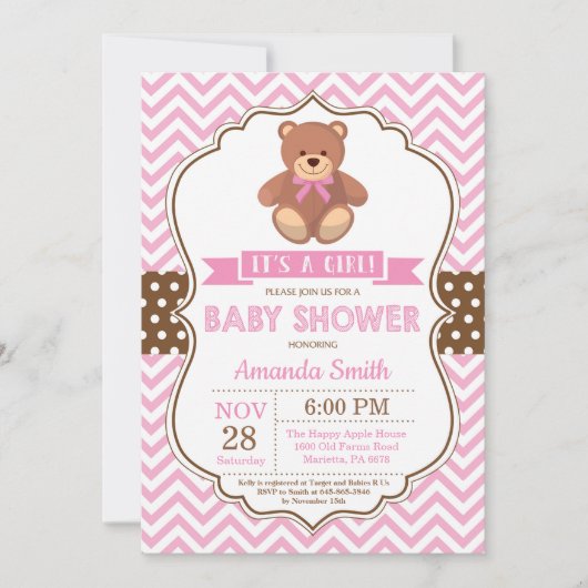 Teddy Bear Girl Baby shower Pink Chevron Kaart (Voorkant)