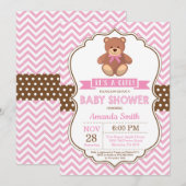 Teddy Bear Girl Baby shower Pink Chevron Kaart (Voorkant / Achterkant)