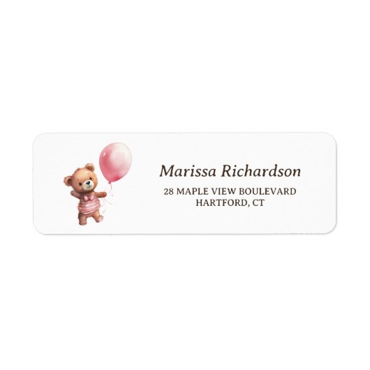 Teddy Bear Girl Baby shower Return Address Label (Voorkant)