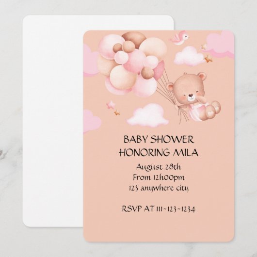 TEDDY BEAR GIRL BABY SHOWER UITNODIGING (Voorkant / Achterkant)