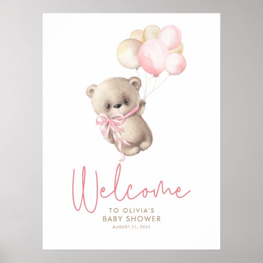 Teddy Bear Girl Baby Shower Welcome Sign Poster (Voorkant)