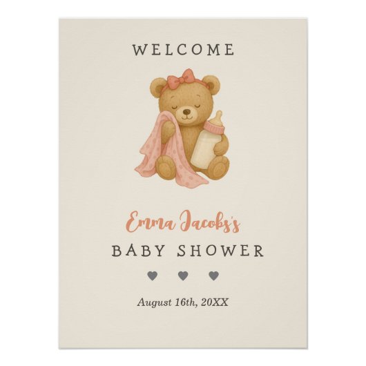 Teddy Bear Girl Baby shower Welkom Poster (Voorkant)