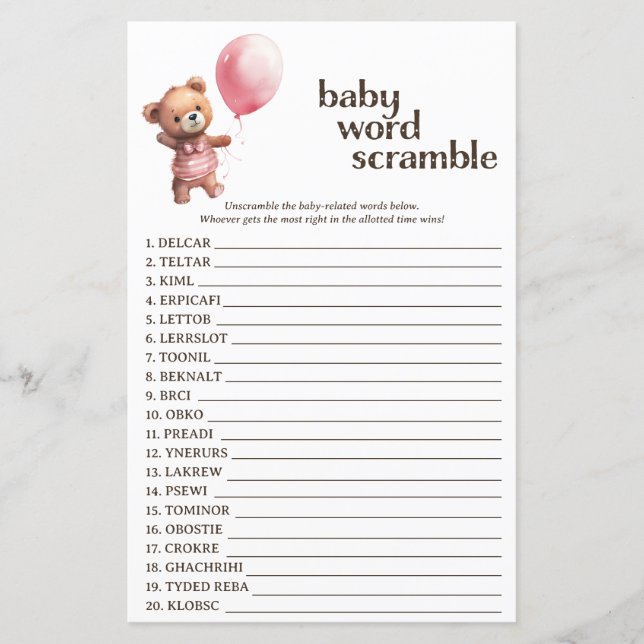 Teddy Bear Girl Baby shower Word Scramble Game (Voorkant)