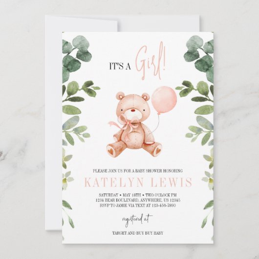 Teddy Bear Girl Greenery Baby shower Kaart (Voorkant)