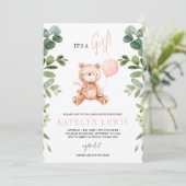 Teddy Bear Girl Greenery Baby shower Kaart (Staand voorkant)