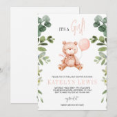 Teddy Bear Girl Greenery Baby shower Kaart (Voorkant / Achterkant)