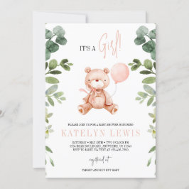 Teddy Bear Girl Greenery Baby shower Kaart