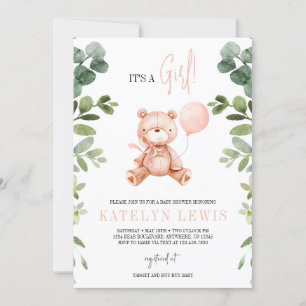 Teddy Bear Girl Greenery Baby shower Kaart