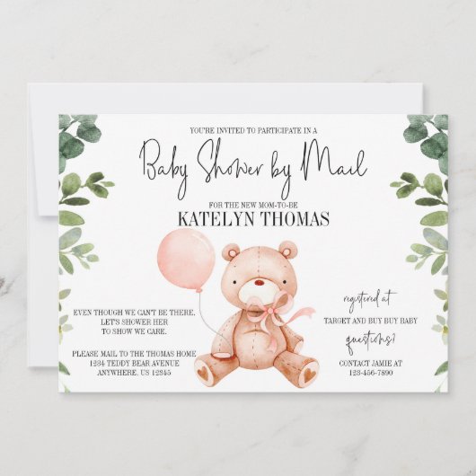 Teddy Bear Girl Greenery Baby shower van Mail Kaart (Voorkant)
