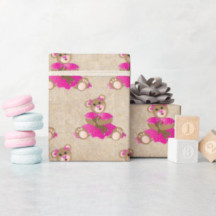 Teddy Bear Girl Holding Baby Beer Roze dress Cadeaupapier