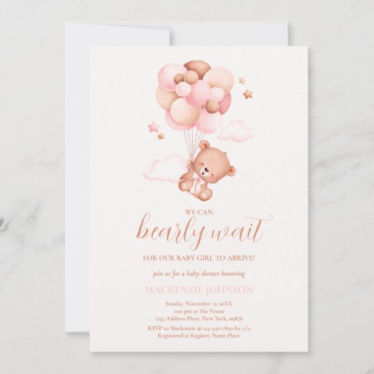 Teddy Bear Girl Pink Barly Wake Baby shower Kaart (Voorkant)