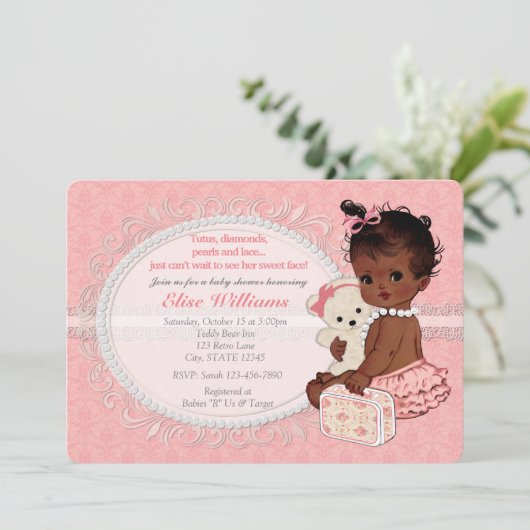 Teddy Bear Girls Baby Shower Uitnodigingen 5 (Staand voorkant)