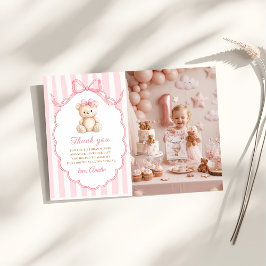 Teddy Bear Girls Pink Bow Stripes 1st Birthday Bedankkaart