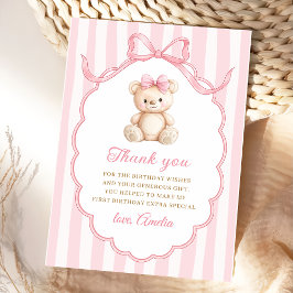 Teddy Bear Girls Pink Bow Stripes 1st Birthday Bedankkaart