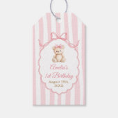 Teddy Bear Girls Pink Bow Stripes 1st Birthday Cadeaulabel (Voorkant)