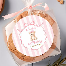 Teddy Bear Girls Pink Bow Stripes 1st Birthday Ronde Sticker