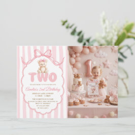 Teddy Bear Girls Pink Bow Stripes 2nd Birthday  Kaart