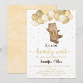 Teddy Bear Gold Balloons Neutraal Baby shower Invi Kaart (Voorkant / Achterkant)