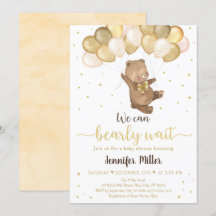 Teddy Bear Gold Balloons Neutraal Baby shower Invi