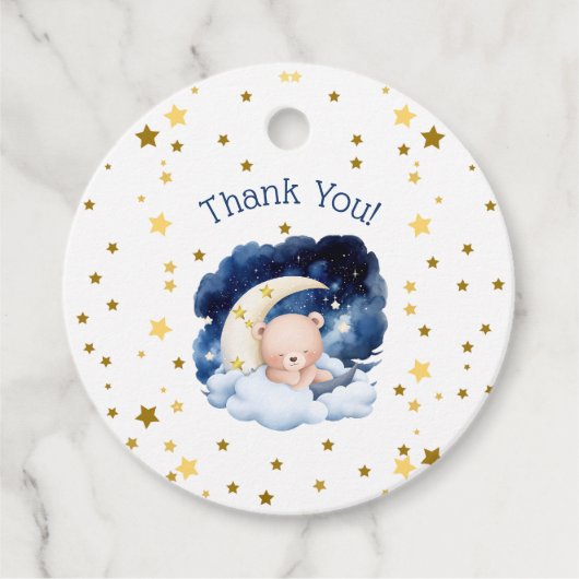 Teddy Bear Gold Stars Moon Baby shower Bedankt Bedankjes Labels (Voorkant)