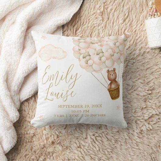 Teddy Bear Gouden Ballonnen Baby Geboortestatistie Kussen (Deken)