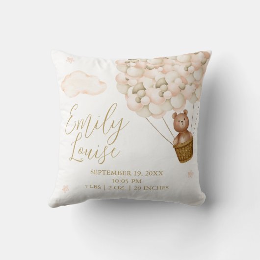 Teddy Bear Gouden Ballonnen Baby Geboortestatistie Kussen (Achterkant)