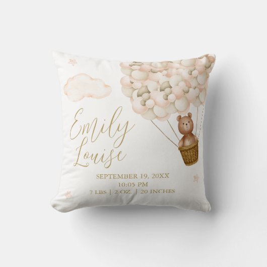 Teddy Bear Gouden Ballonnen Baby Geboortestatistie Kussen (Voorkant)