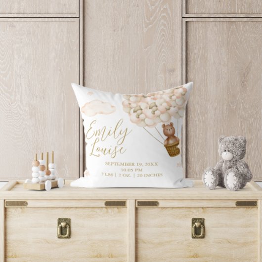 Teddy Bear Gouden Ballonnen Baby Geboortestatistie Kussen