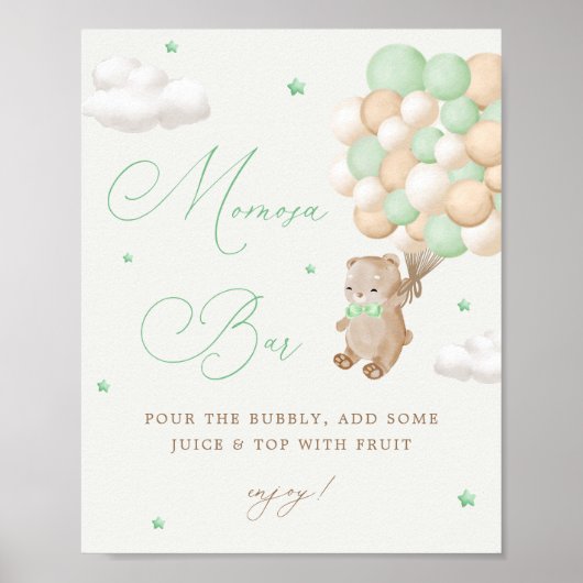 Teddy Bear Green Baby shower Mimosa Bar Poster (Voorkant)